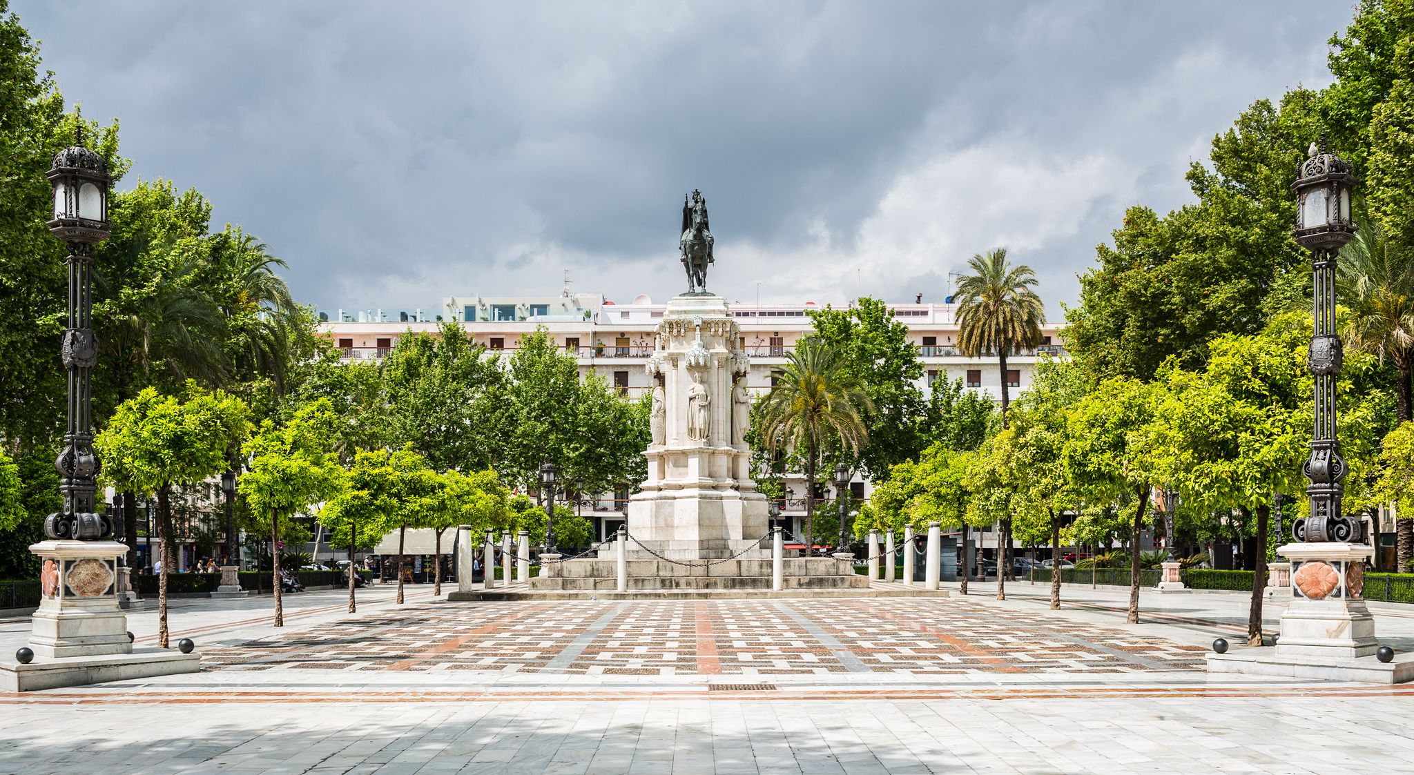 Photo of Plaza Nueva with statue of Ferdinand III of Castile. Seville. Spain.