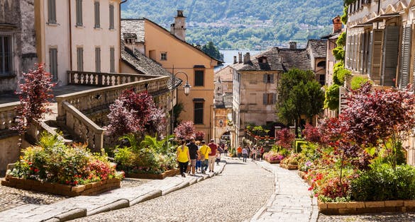 Glimpses of the historical center of Orta San Giulio , Lake d ' Orta , Novara , Piedmont , Italy