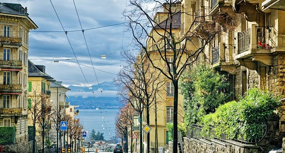 Photo of Street to Geneva Lake (Lac Leman) in Lausanne, Switzerland.