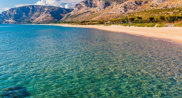 Photo of panoramic sea beach landscape near Gaeta, Lazio, Italy. Nice sand beach and clear blue water.