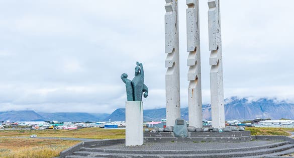 gphoto of view of Seaman's monument at Icelandic town Höfn, Iceland.