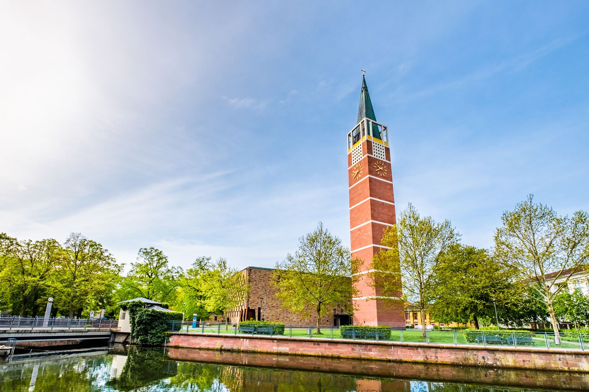 Photo of city church in Pforzheim at sunrise, Germany.