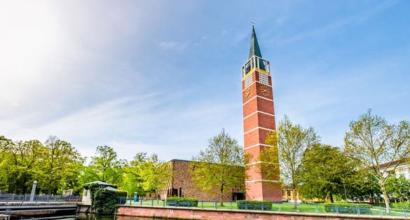 Photo of city church in Pforzheim at sunrise, Germany.