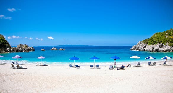 Photo of beautiful Sarakiniko beach. Just 8km outside the village Parga after Agia village in Syvota area, Greece.