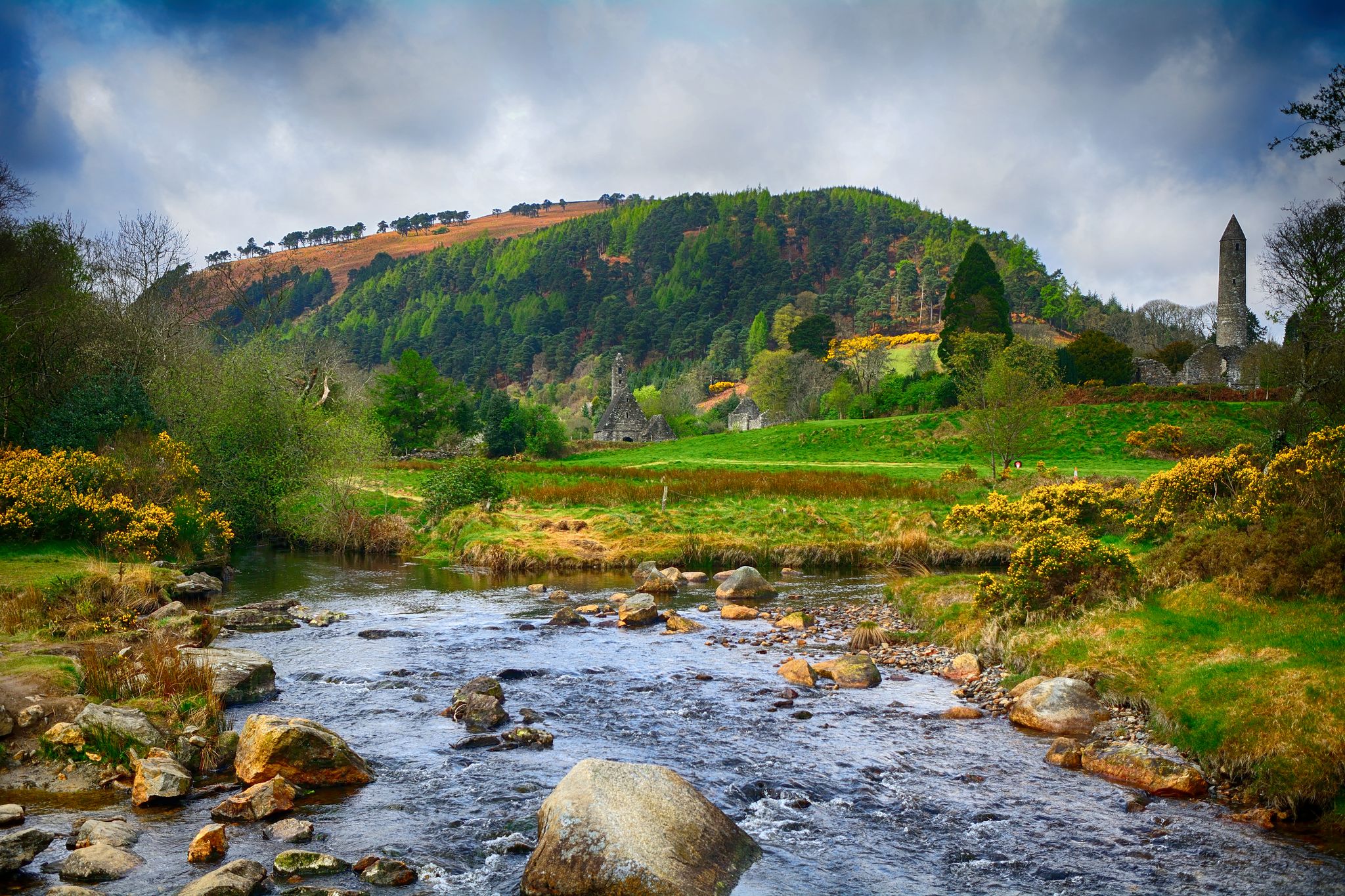 Monastery ruins at Glendalough, Ireland. Glendalough monastery was founded by St. Kevin in the 7th century.
