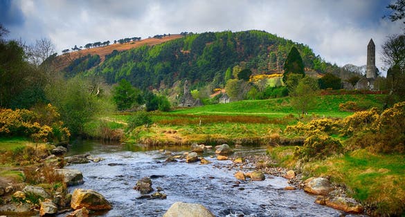 Monastery ruins at Glendalough, Ireland. Glendalough monastery was founded by St. Kevin in the 7th century.