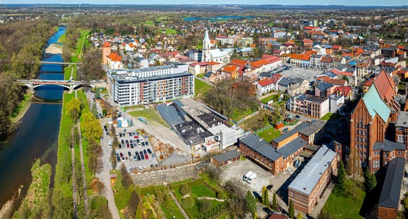 View of city of Oswiecim in Poland, where Auschwitz concentration camp is located