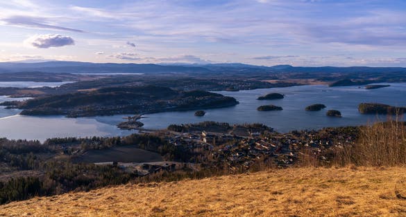 Steinsfjorden, a branch of Lake Tyrifjorden located in Buskerud, Norway. View from Kongens Utsikt (Royal View)