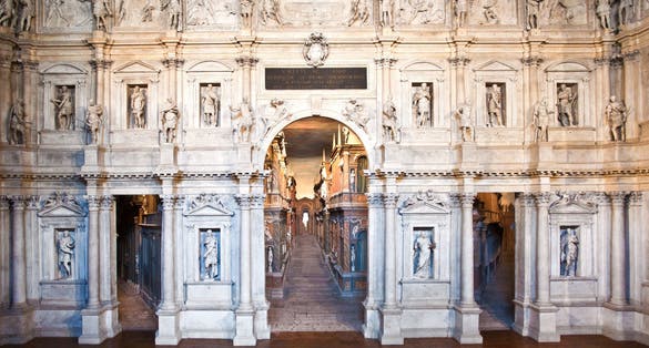 Photo of Theatro Olympico in Vicenza, first open stage theater in the world, Italy.