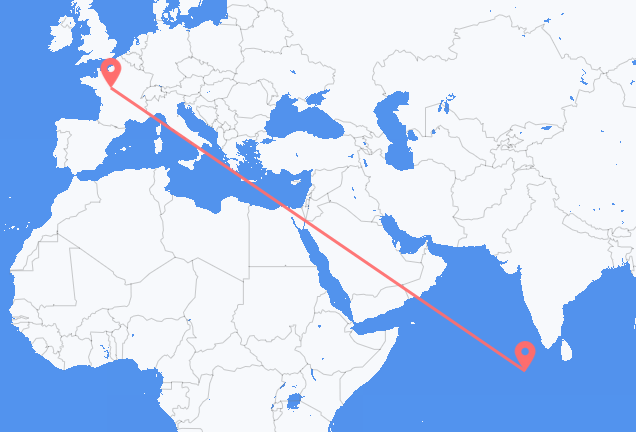 Flyg från Malé, Maldiverna till Tours, Frankrike