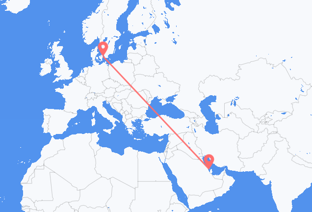 Vluchten van Bahrain Island naar Kopenhagen