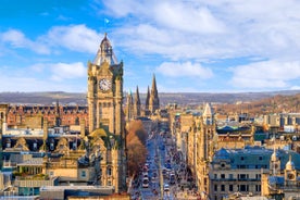 Photo of beautiful view of the old town city of Edinburgh from Calton Hill, United Kingdom.