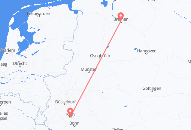 ドイツのブレーメンから、ドイツのケルンまでのフライト