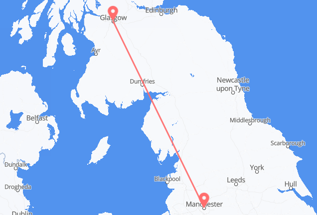 Vluchten van Glasgow, Schotland naar Manchester, Engeland