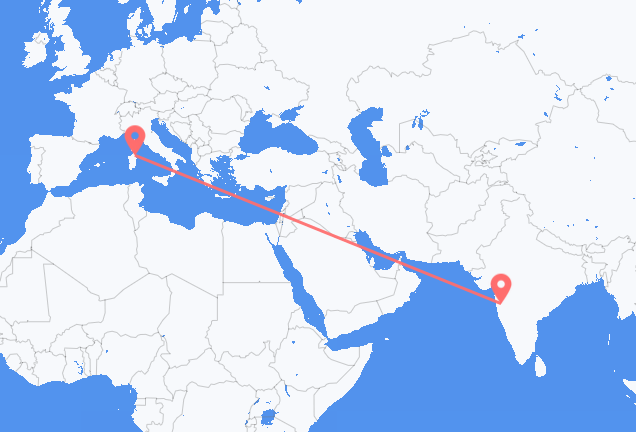 インドのプネから、イタリアのオルビアまでのフライト