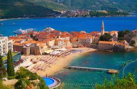 Photo of panoramic aerial view of old town of Budva, Montenegro.