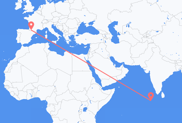 Flyg från Malé till Lourdes (kommun i Brasilien, São Paulo, lat -20,94, long -50,24)