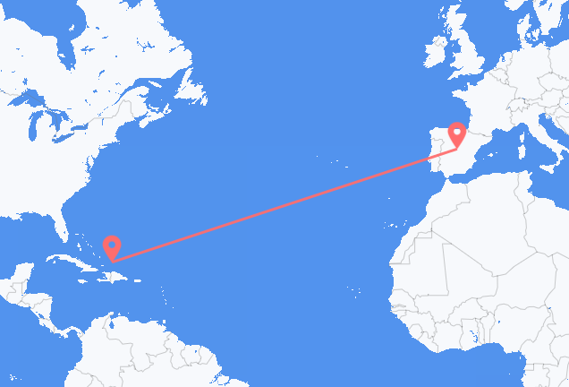 Vluchten van South Caicos naar Madrid