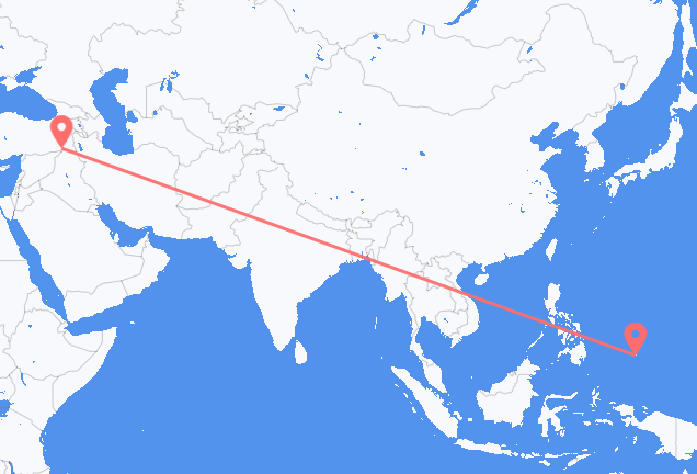 Vluchten van Koror, Palau naar Şırnak, Turkije