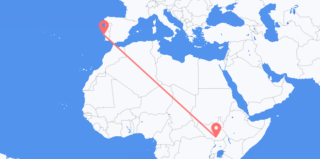 Flyreiser fra Sør-Sudan til Portugal