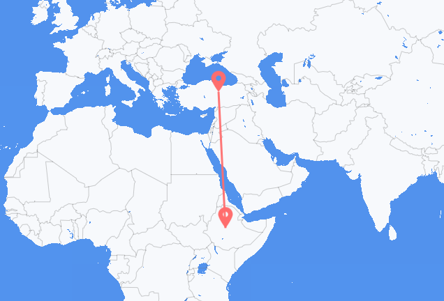 Vluchten van Addis Abeba naar Sivas