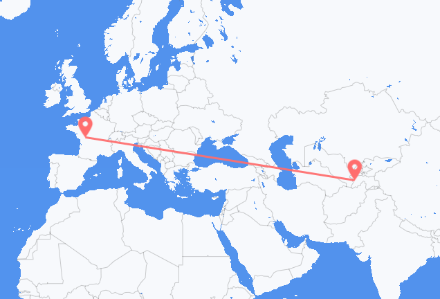 Flyrejser fra Dusjanbe, Tadsjikistan til Poitiers, Frankrig