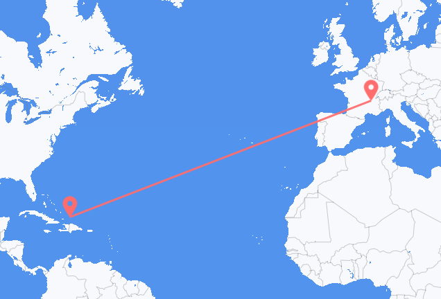 Vluchten van South Caicos naar Lyon