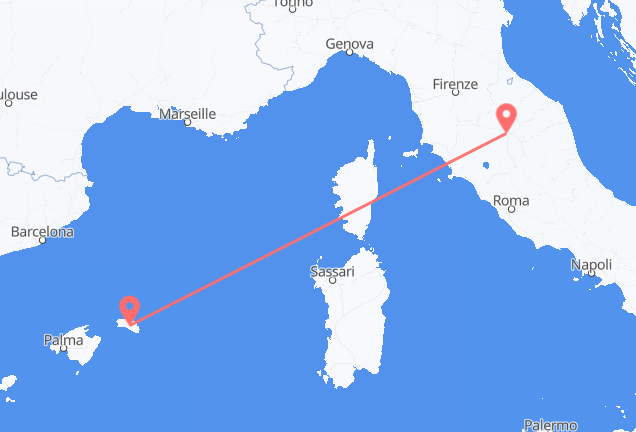 Flyg från Mahon, Spanien till Perugia, Italien