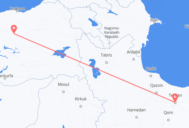 Flyreiser fra Teheran, til Erzincan