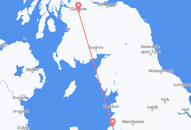 Vluchten van Glasgow, Schotland naar Liverpool, Engeland