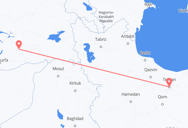 Flyreiser fra Teheran, til Diyarbakir