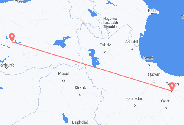 Flyreiser fra Teheran, til Elazig