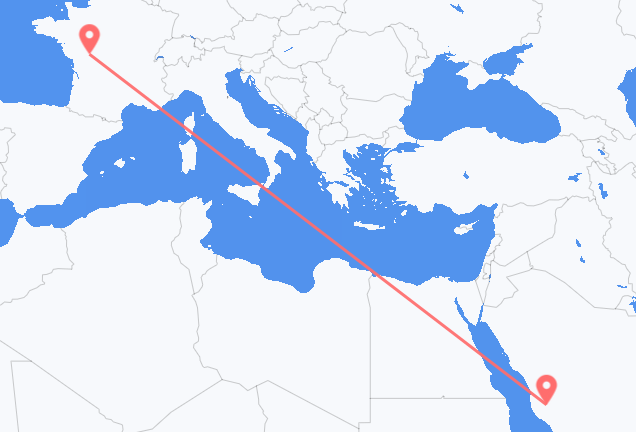 Flyrejser fra Ta if, Saudi-Arabien til Poitiers, Frankrig