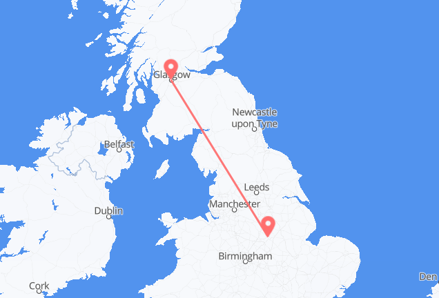 Vluchten van Glasgow, Schotland naar Nottingham, Engeland