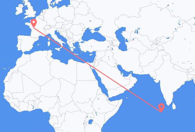 Flyg från Malé, Maldiverna till Poitiers, Frankrike