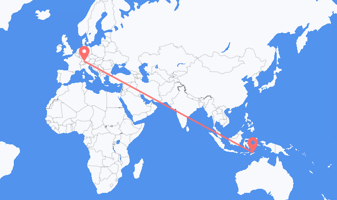 Flyg från Dili, Östtimor till Friedrichshafen, Tyskland