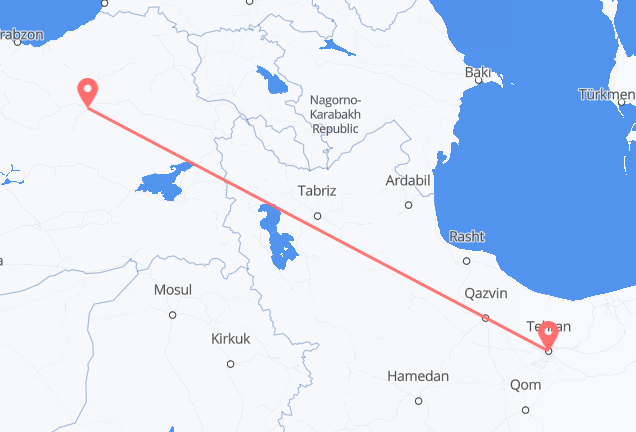 Flyreiser fra Teheran, til Erzurum