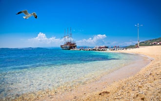 Photo of Ouranoupolis tower in Chalkidiki, Greece on a summer day.