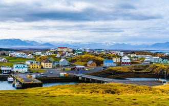 Panoramic view of Reykjavik, the capital city of Iceland, with the view of harbor and mount Esja.