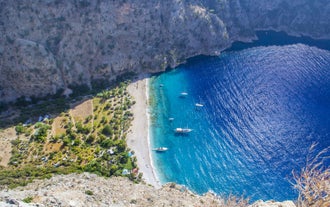 Photo of aerial view of Oludeniz Bay view in Fethiye Town, Turkey.