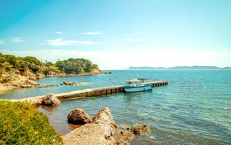 Photo of aerial view of the old town and St Paul church, Hyeres, France.