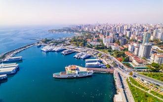Aerial view from Moda Yogurtcu Park neighborhoods of Kadikoy, a large, populous, and cosmopolitan district in the Asian side of Istanbul, Turkey.