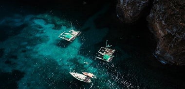 Tour privato di un giorno in catamarano di 7 ore a San Antonio Ibiza