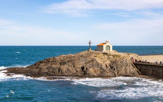 Photo of aerial view of Collioure, beautiful coastal village in the south of France.
