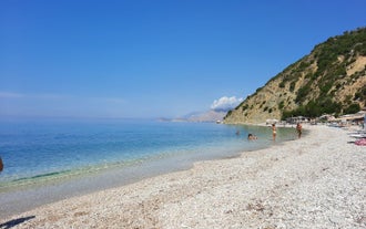 Photo of panoramic aerial view of Ksamil beautiful beach, Albanian Riviera.