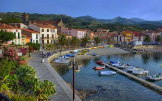 Photo of aerial view of Collioure, beautiful coastal village in the south of France.