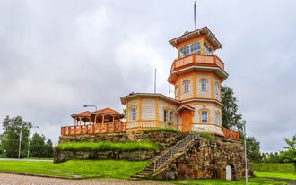 Rovaniemi Finland, panorama of the city with Kemijoki river in the back and Ounasvaara fell with the city heart at the left.