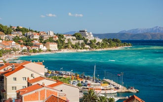 Photo of aerial view of gorgeous azure scene of summer Croatian landscape in Podgora, Dalmatia, Croatia.