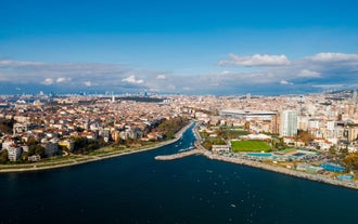Aerial view from Moda Yogurtcu Park neighborhoods of Kadikoy, a large, populous, and cosmopolitan district in the Asian side of Istanbul, Turkey.