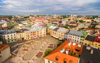 Photo of panoramic aerial view of Mikolajki townscape capital of Masurian region on the shore, Poland.